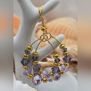 Stunning Handmade Gold and Purple Crystal Beaded Hoop Earrings